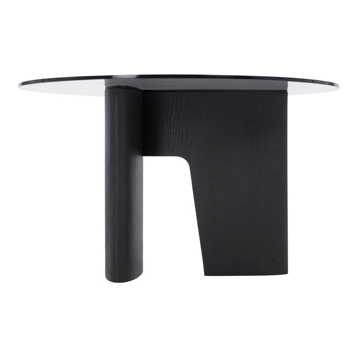 Modern round glass top table with a sleek black base, featuring smooth and angular design elements.