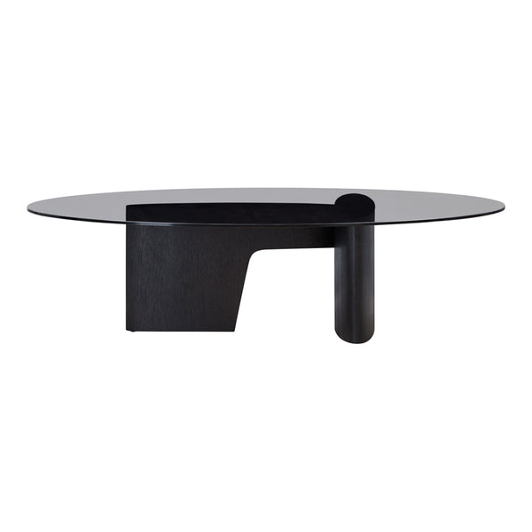 Modern black coffee table with a minimalist oval glass top and bold geometric base, featuring sleek lines and a contemporary design.
