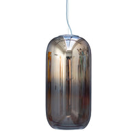 Elegant smoked glass pendant light with a sleek, reflective surface and subtle gradient pattern. Perfect for modern decor.