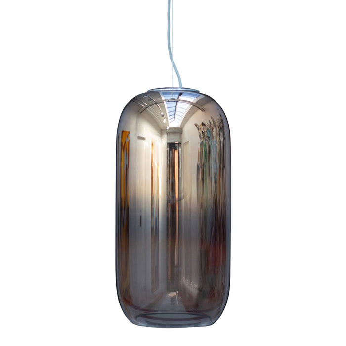Elegant smoked glass pendant light with a sleek, reflective surface and subtle gradient pattern. Perfect for modern decor.