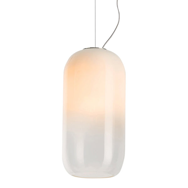 Translucent white glass pendant lamp with a soft gradient from warm amber to frosted white. Elegant and modern design.