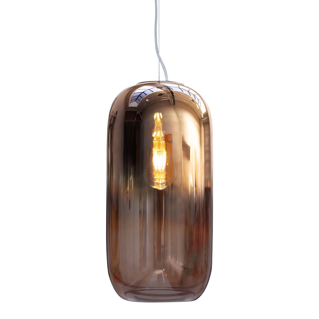 "Stylish amber glass pendant light with a smooth, modern silhouette and subtle reflections."