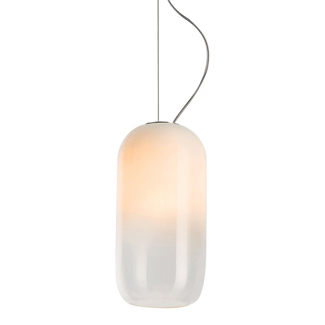 Translucent white gradient pendant lamp with a smooth oval shape and soft, warm light. Perfect for modern decor.