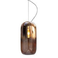 Amber glass pendant lamp with a sleek, modern silhouette and warm lighting perfect for contemporary spaces.