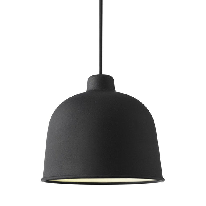 Sleek black pendant lamp with a smooth matte finish and soft white interior for warm illumination.