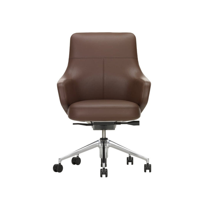 Brown leather office chair with a sleek, modern design and chrome accents, featuring a smooth, minimalist pattern.