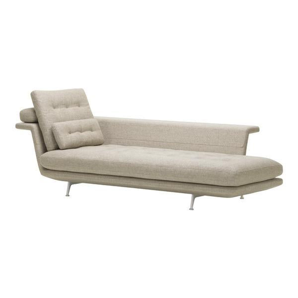 Light beige modern chaise lounge with textured upholstery and sleek metal legs. Ideal for contemporary decor.