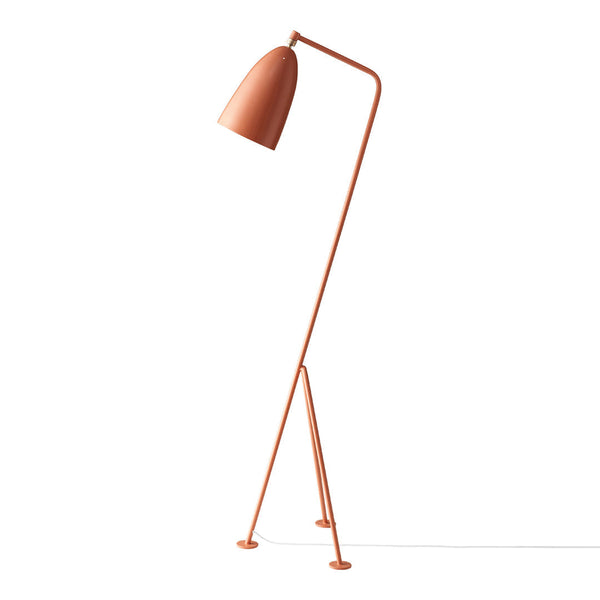 Modern orange floor lamp with a sleek, minimalist design and smooth metallic finish. Ideal for contemporary decor.
