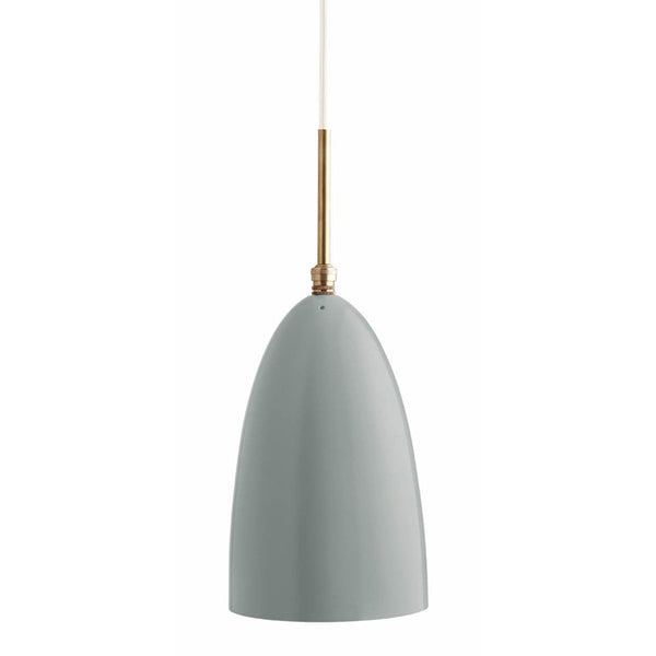 Light gray pendant lamp with a smooth, sleek finish and a polished brass accent. Perfect for modern decor.