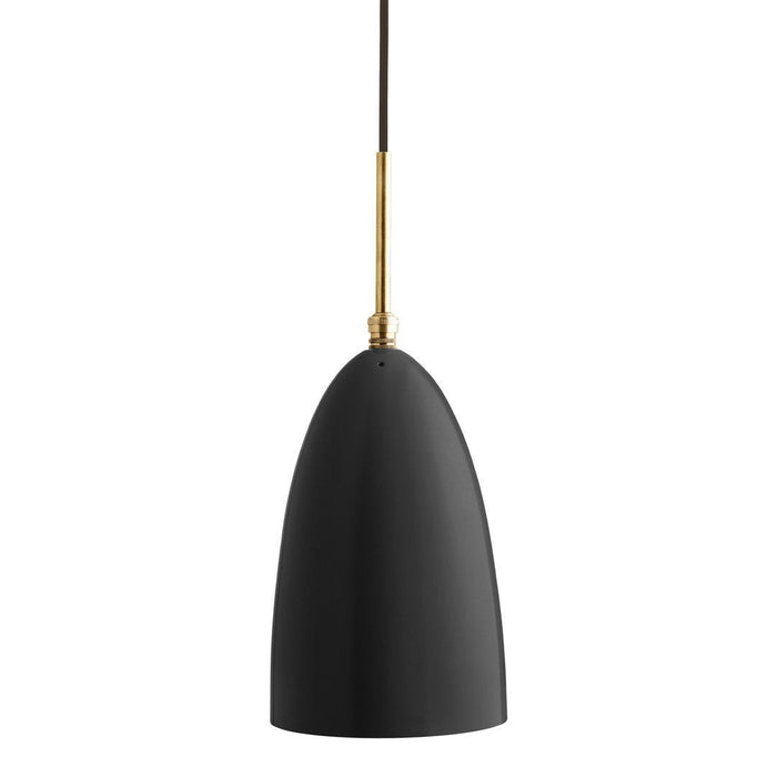 Matte black pendant light with a sleek, modern design and a brass accent, adding sophistication to any space.