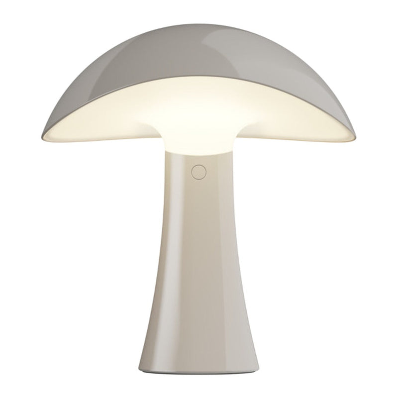 White mushroom-shaped lamp with a smooth, glossy finish and a soft, warm glow. Minimalist design perfect for any decor.