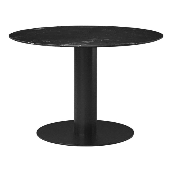 Round black marble dining table with a sleek, cylindrical black base and subtle white veining. Elegant and modern design.