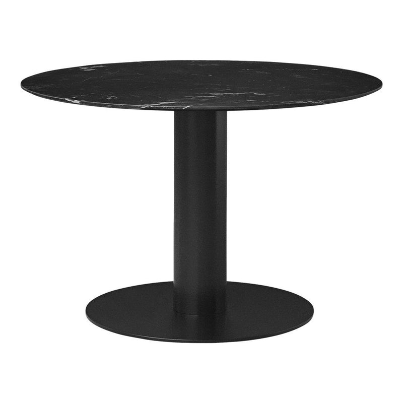 Round black marble dining table with a sleek, cylindrical black base and subtle white veining. Elegant and modern design.