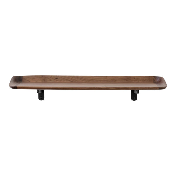 Wooden serving tray in rich brown tones, featuring smooth edges and contrasting black metal legs.