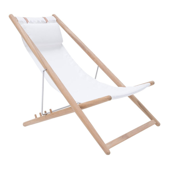 White canvas lounge chair with natural wood frame and minimalistic design, perfect for outdoor relaxation.