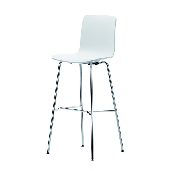 White modern bar stool with sleek chrome legs, featuring a minimalist design and a smooth finish.