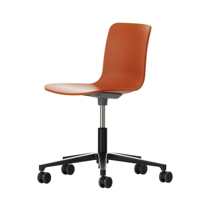 Orange plastic chair with a sleek design and black wheeled base, perfect for modern office settings.
