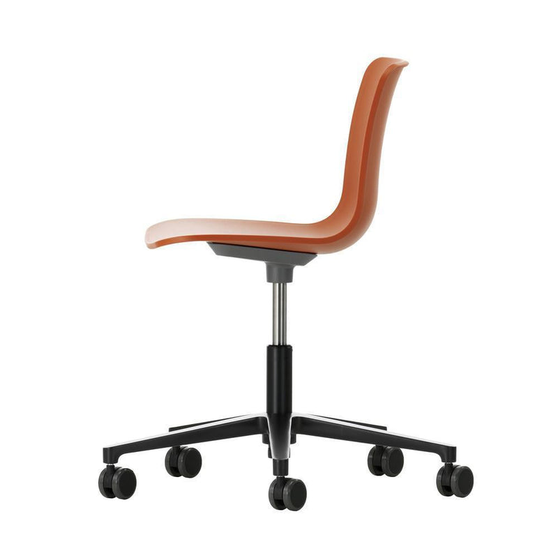 Orange ergonomic desk chair with a sleek black base and five rolling wheels. Modern design with smooth, curved lines.