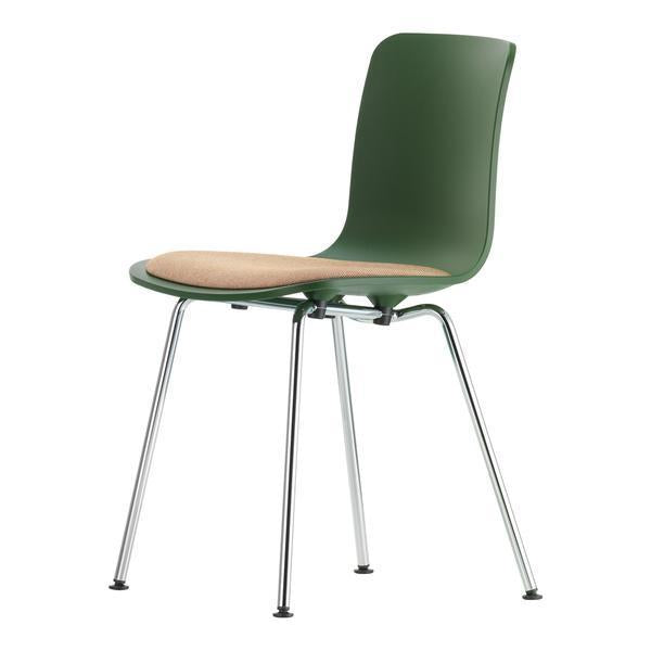 Green plastic chair with a natural wood seat and sleek chrome legs, featuring a minimalist design.