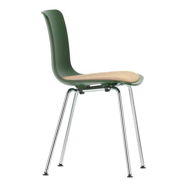 Green plastic chair with a natural wood seat and sleek chrome legs, featuring a modern, minimalist design.