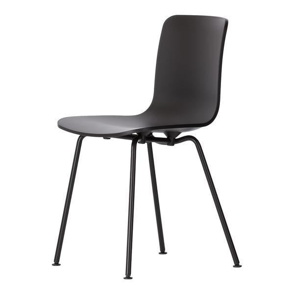 Black modern chair with a smooth, curved seat and sleek metal legs, ideal for minimalist decor.