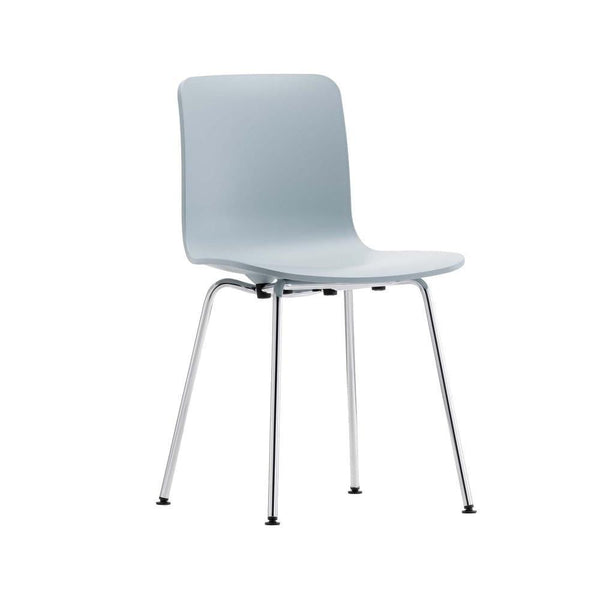 Light blue chair with a sleek, smooth surface and chrome legs, perfect for modern decor.