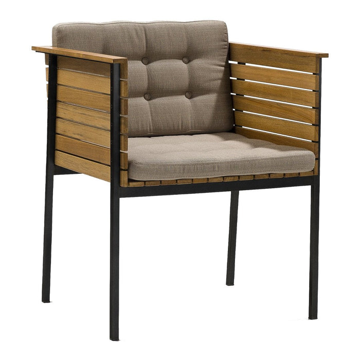 Contemporary armchair with beige cushions and natural wood slats, featuring a sleek black metal frame. Perfect for stylish spaces.