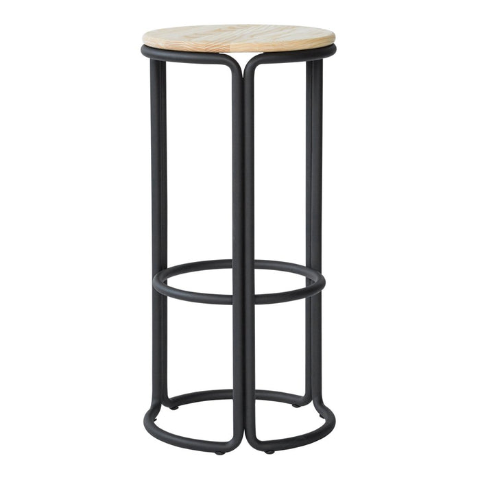 Black metal frame with a light wood seat, featuring a smooth finish and simple, modern design.
