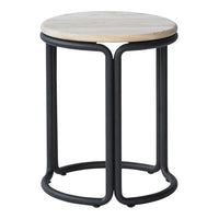 Round wooden top stool with a natural finish and sleek black metal base, featuring a minimalist design.
