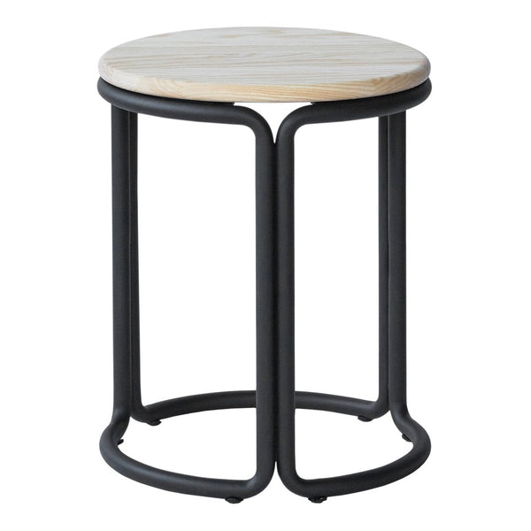 Round wooden top stool with a natural finish and sleek black metal base, featuring a minimalist design.