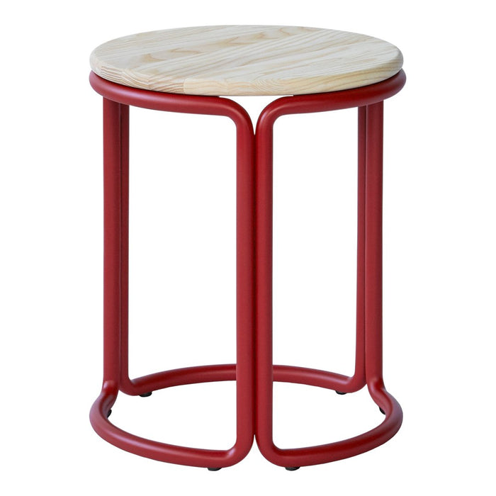 Red metal frame with a smooth, round natural wood top. Modern and stylish accent piece for any space.