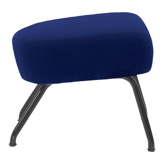 Navy blue upholstered ottoman with a sleek black metal base, perfect for modern decor.