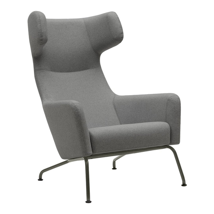 Gray high-back armchair with minimalist design and smooth fabric, featuring a sleek metal frame and simple lines.