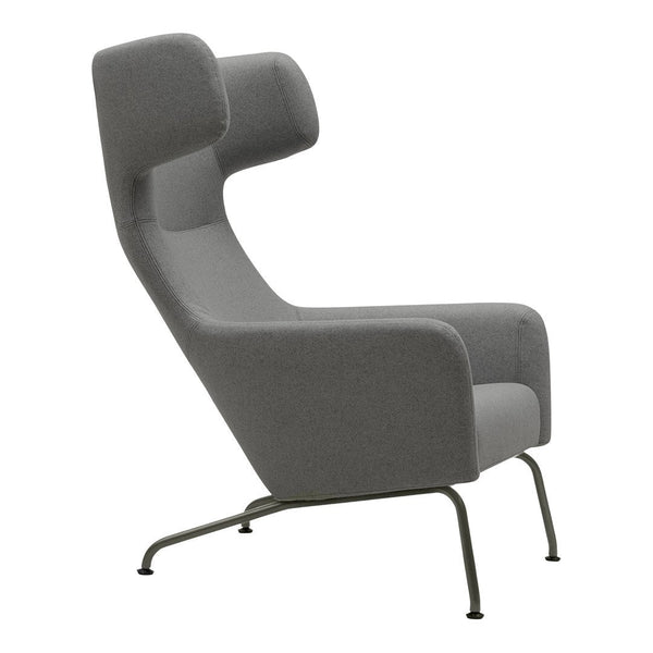 Gray upholstered chair with a modern design and sleek metal legs, featuring a minimalist and contemporary aesthetic.