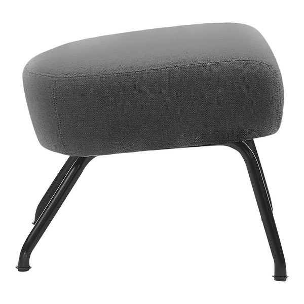 Gray upholstered ottoman with a smooth fabric texture and sleek black metal legs, perfect for modern decor.