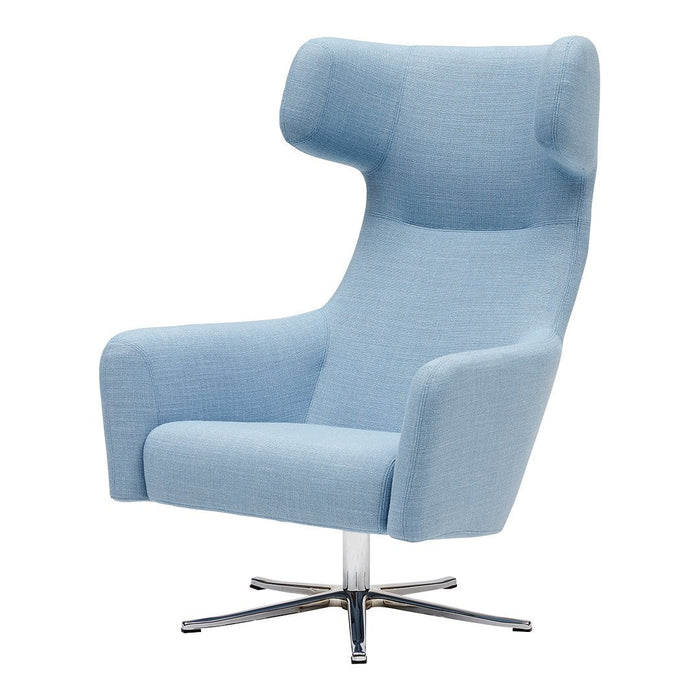 Light blue upholstered chair with a modern design and soft, smooth texture, featuring a sleek stainless steel base.