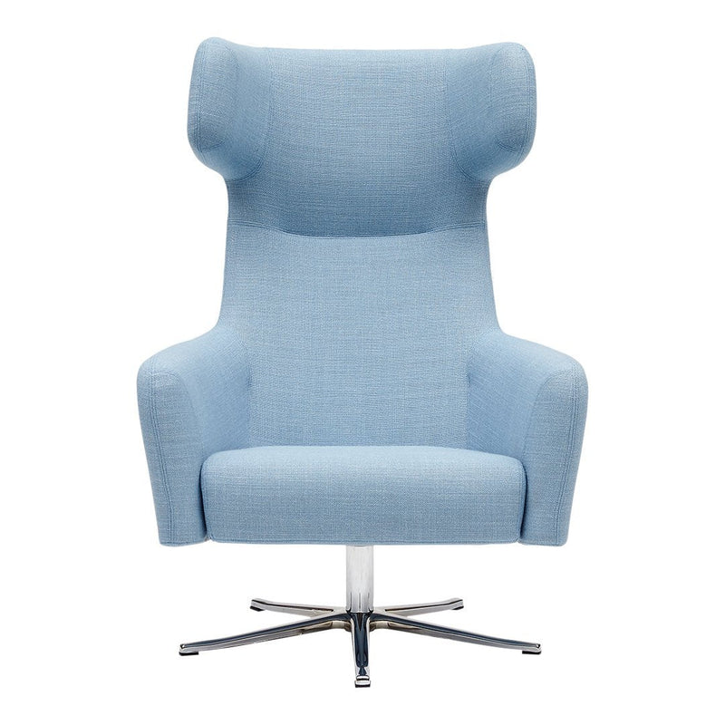 Light blue upholstered armchair with a sleek, modern design and textured fabric pattern. Ideal for contemporary spaces.