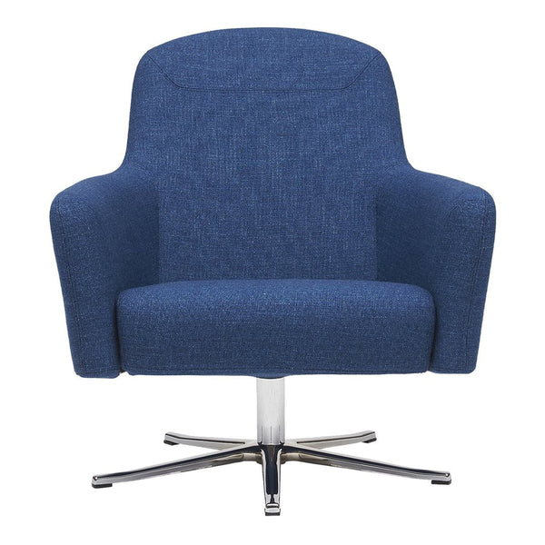 Blue fabric armchair with a textured pattern and sleek chrome base. Ideal for modern interiors.