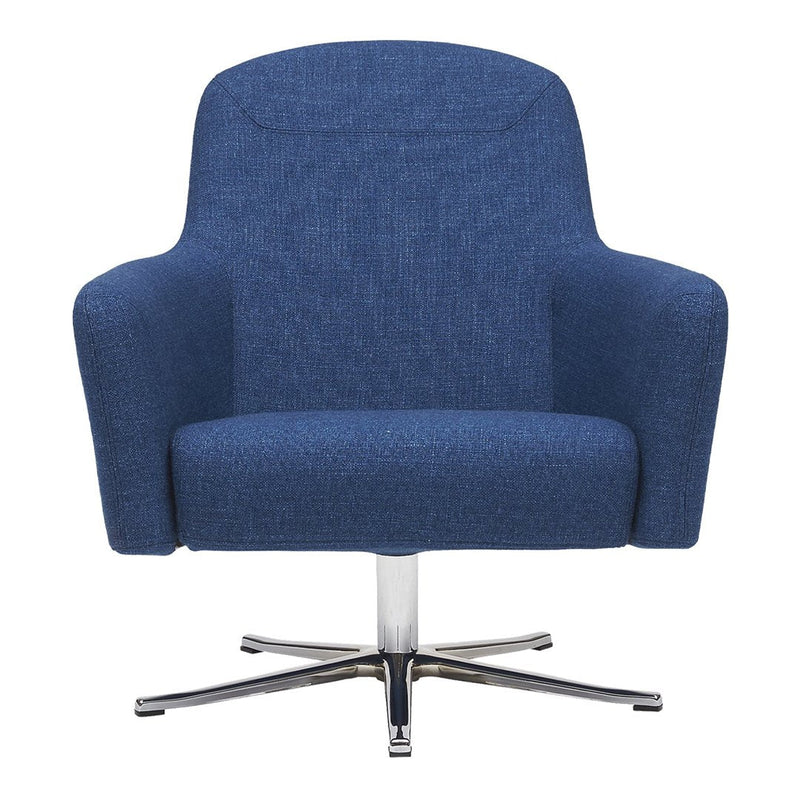Blue fabric armchair with a textured pattern and sleek chrome base. Ideal for modern interiors.
