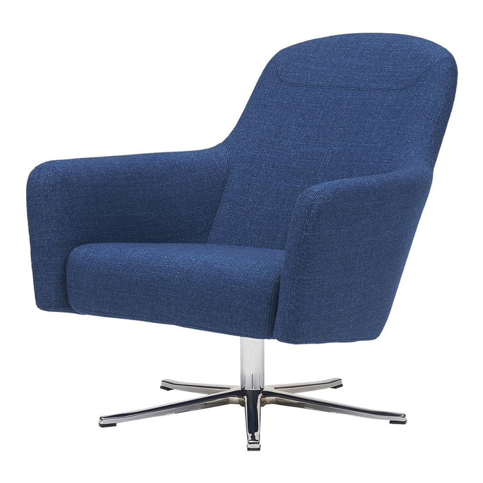 Blue upholstered chair with a sleek modern design and chrome base, perfect for any contemporary space.