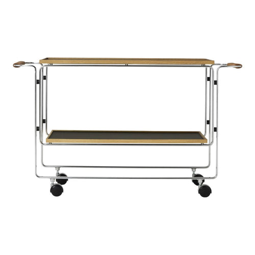 Wooden and black shelves with sleek chrome frame, featuring minimalistic design and rolling wheels. Perfect for modern decor.
