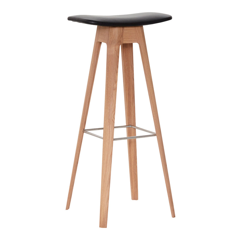 Black cushioned seat with natural wood legs in a minimalist design. Perfect blend of modern and classic aesthetics.