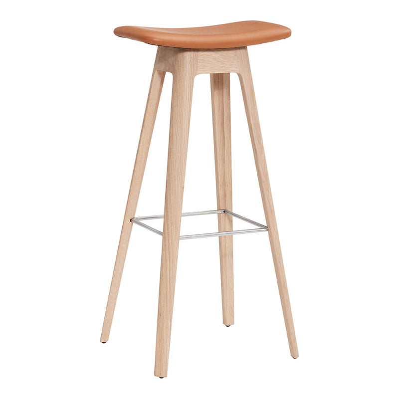 Natural wood bar stool with a sleek, warm tan seat and minimalist design, featuring clean lines and modern style.