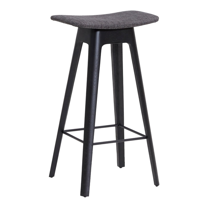 Black bar stool with a sleek design and a textured dark gray upholstered seat. Ideal for modern decor.