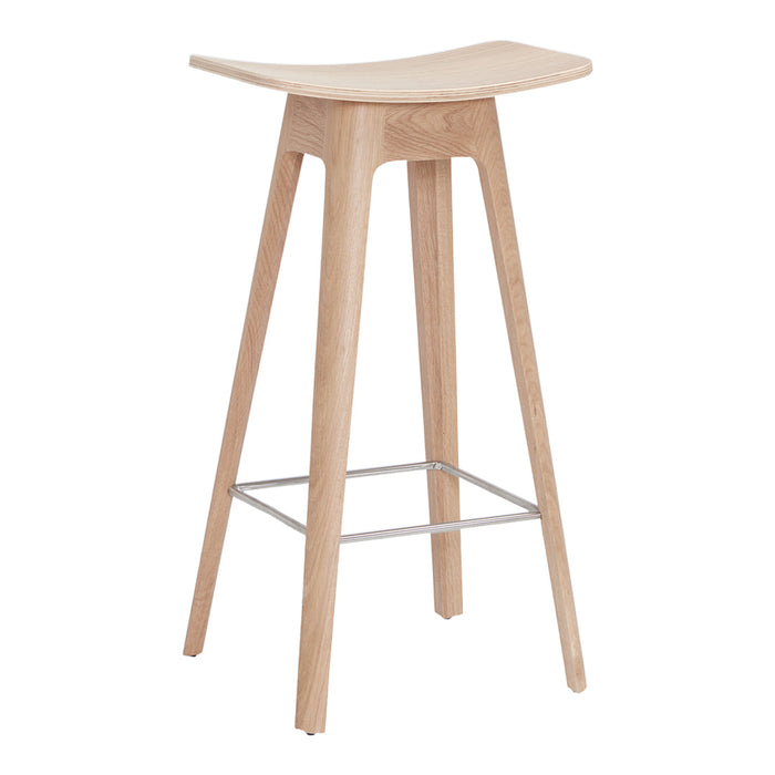Natural wood bar stool with a light finish and smooth, minimalist design. Clean lines and simple silhouette.