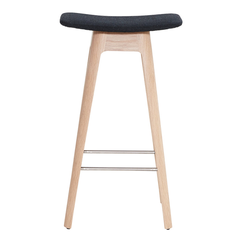 Modern bar stool featuring a sleek light wood finish and a dark grey upholstered seat. Simple, stylish design.