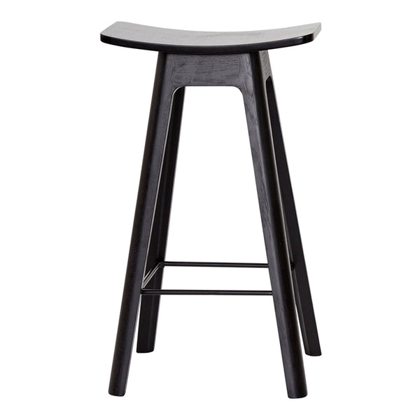Black wooden bar stool with a curved seat and minimalist design, featuring smooth, sleek lines.