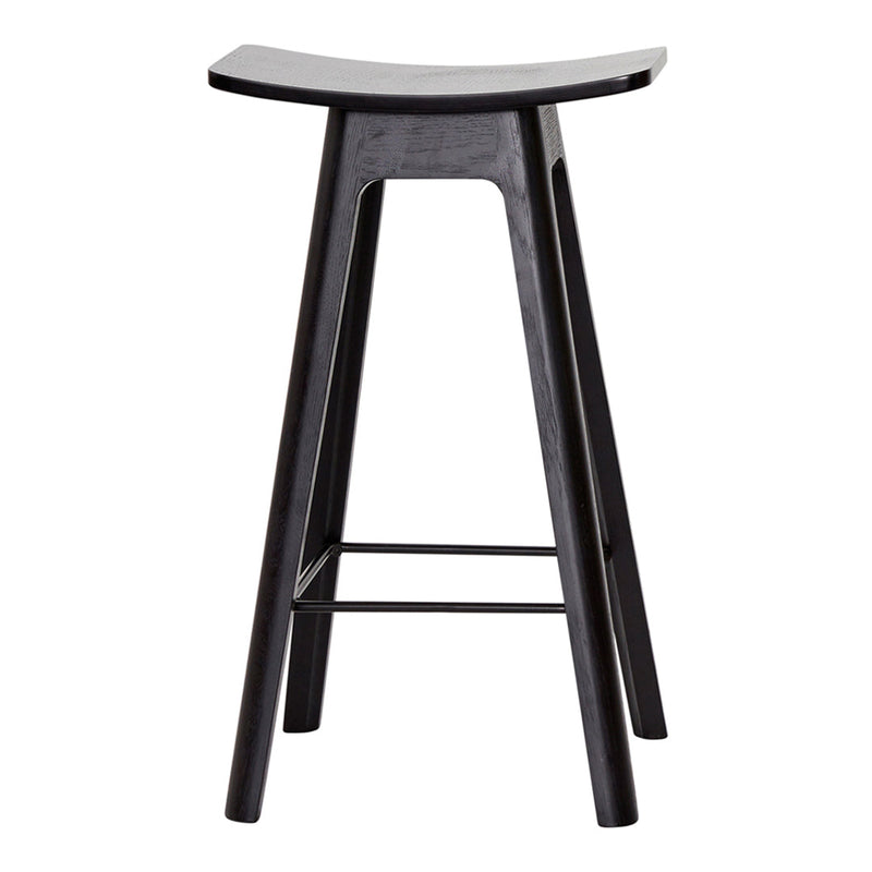 Black wooden bar stool with a curved seat and minimalist design, featuring smooth, sleek lines.