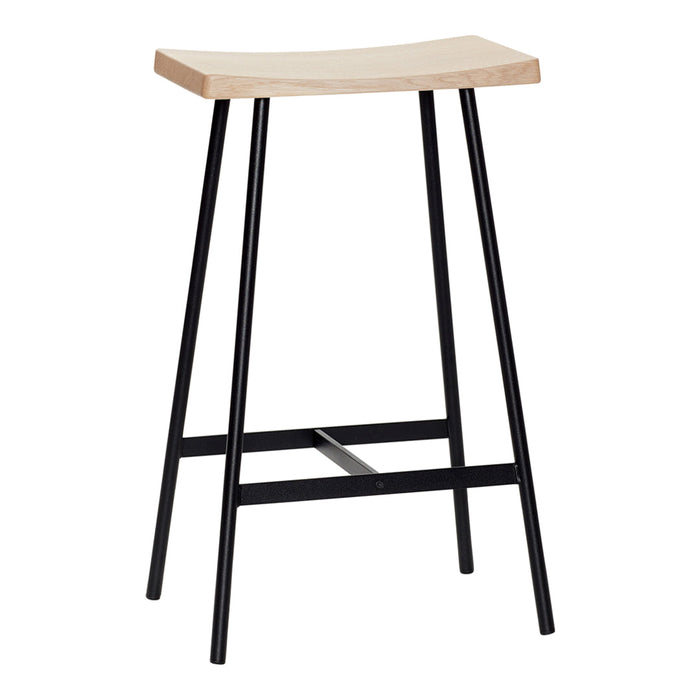 Natural wood seat with a smooth, curved finish on a sleek black metal frame. Modern and minimalist bar stool design.