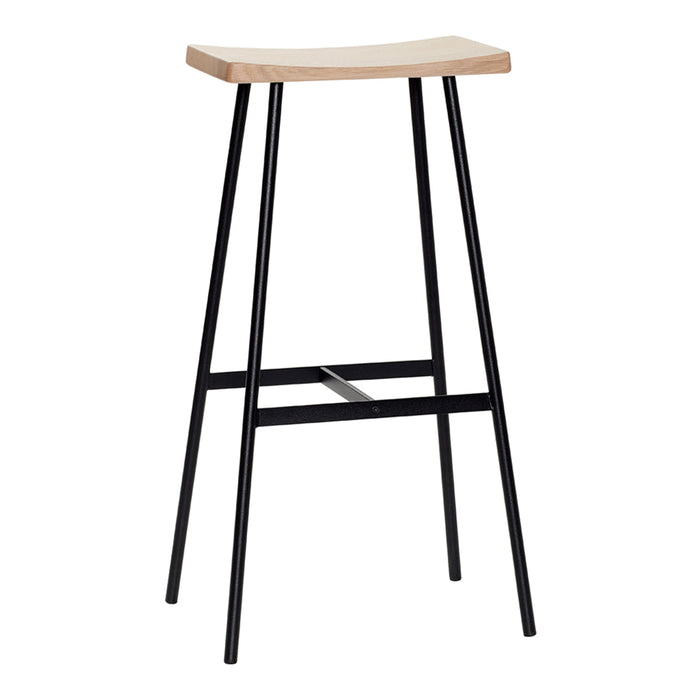 Natural wood top with a smooth finish and sleek black metal legs in a minimalist design.